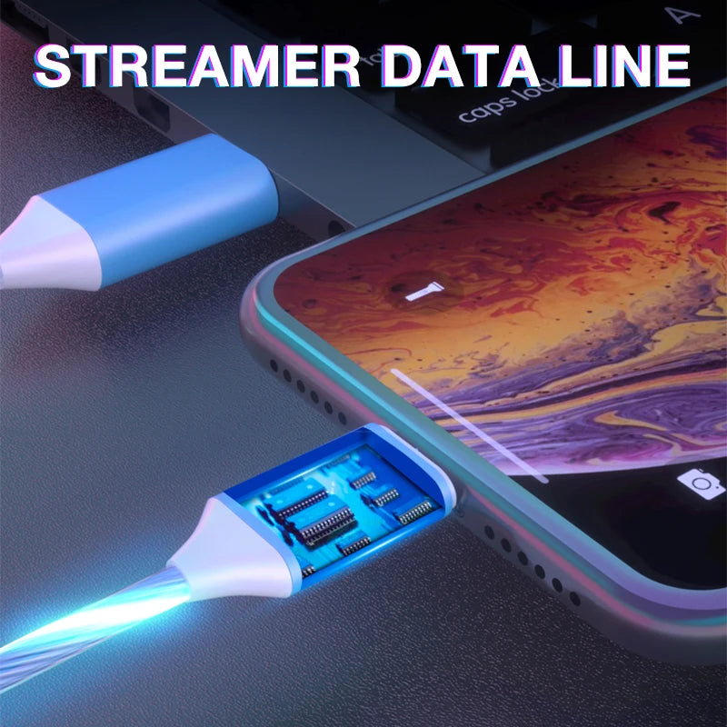 GlowCharge 3-in-1 LED fast charging cable with USB-C, Lightning, and Micro USB connectors.
