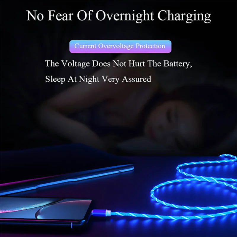 GlowCharge 3-in-1 LED fast charging cable with USB-C, Lightning, and Micro USB connectors.