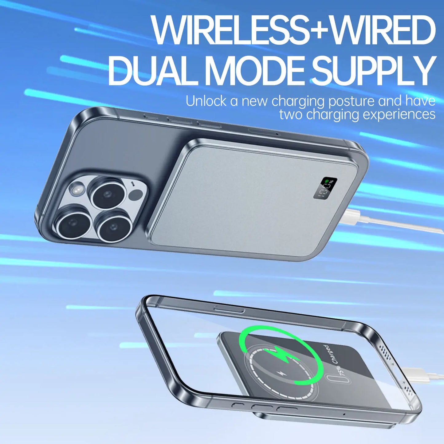 Ultra-thin magnetic wireless power bank with LED display for iPhone, Samsung, and AirPods.