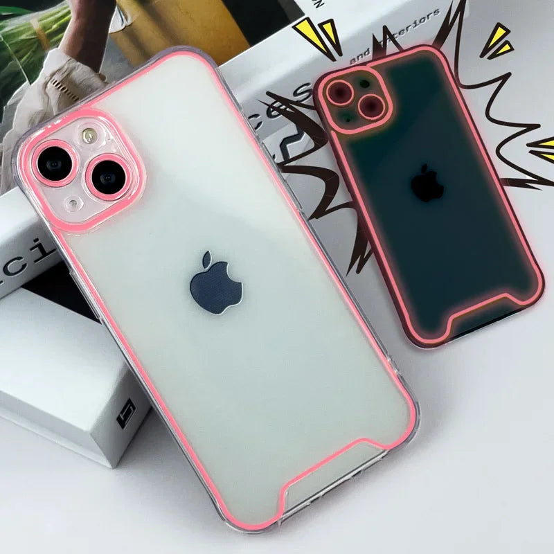 GlowShield luminous clear shockproof silicone phone case for iPhone with transparent glow-in-the-dark design.
