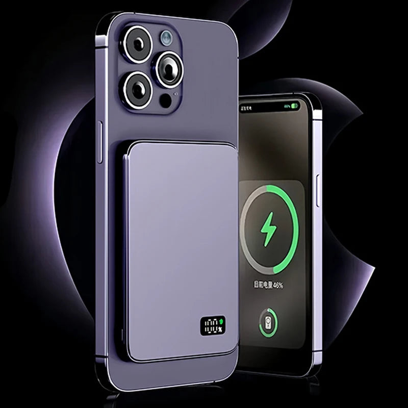 Ultra-thin magnetic wireless power bank with LED display for iPhone, Samsung, and AirPods.