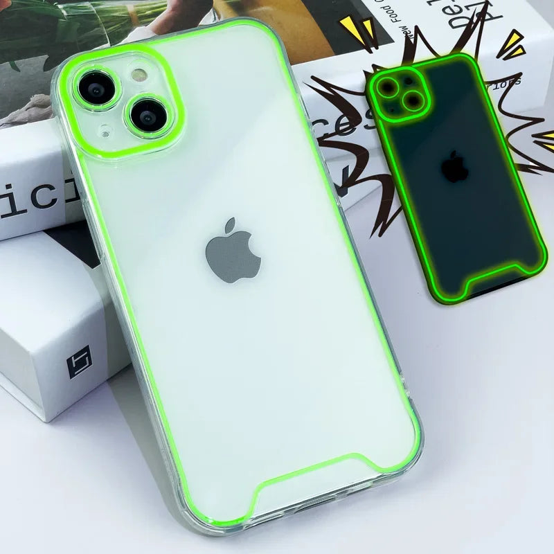 GlowShield luminous clear shockproof silicone phone case for iPhone with transparent glow-in-the-dark design.