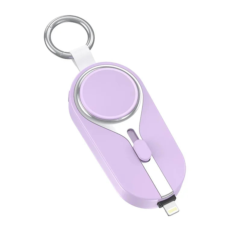PowerMini 2000mAh keychain power bank with wireless charging for Apple Watch and smartphones.