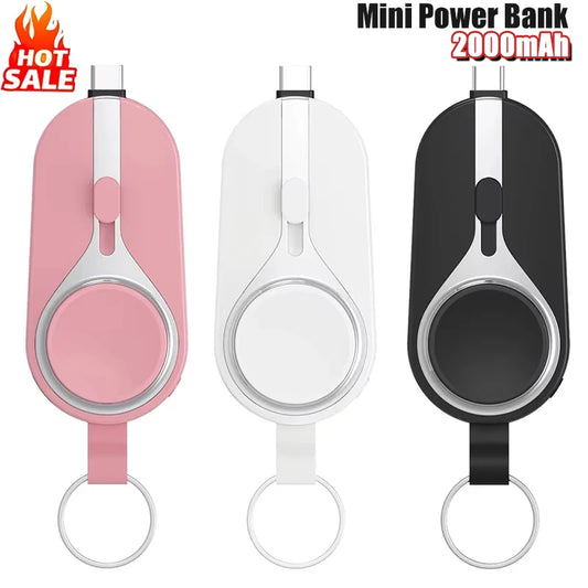 PowerMini 2000mAh keychain power bank with wireless charging for Apple Watch and smartphones.