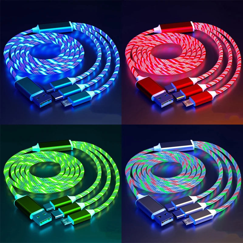 GlowCharge 3-in-1 LED fast charging cable with USB-C, Lightning, and Micro USB connectors.