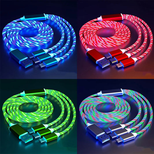 GlowCharge 3-in-1 LED fast charging cable with USB-C, Lightning, and Micro USB connectors.