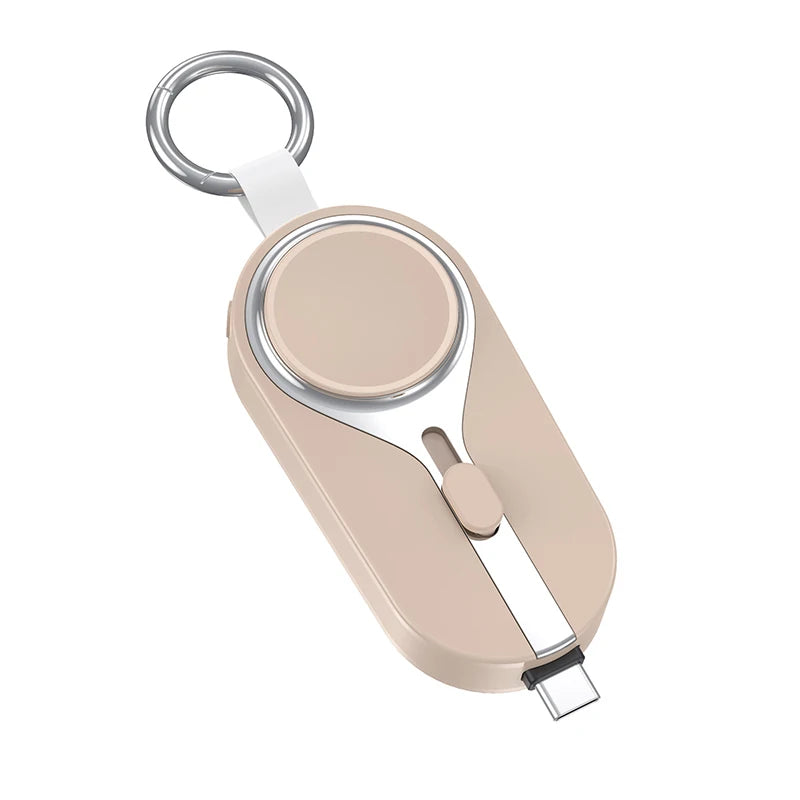 PowerMini 2000mAh keychain power bank with wireless charging for Apple Watch and smartphones.