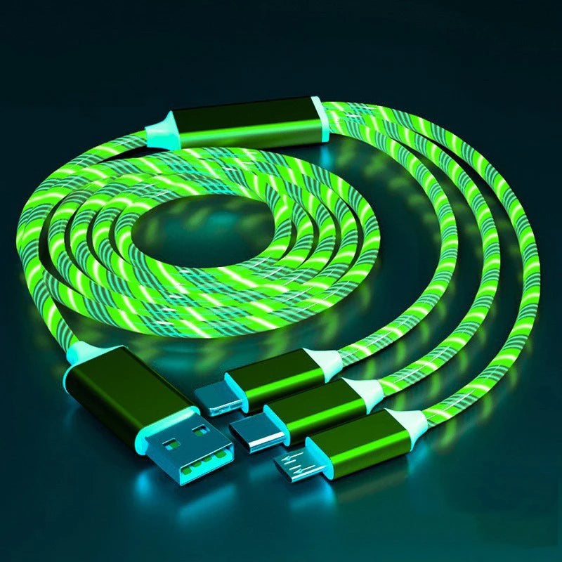 GlowCharge 3-in-1 LED fast charging cable with USB-C, Lightning, and Micro USB connectors.