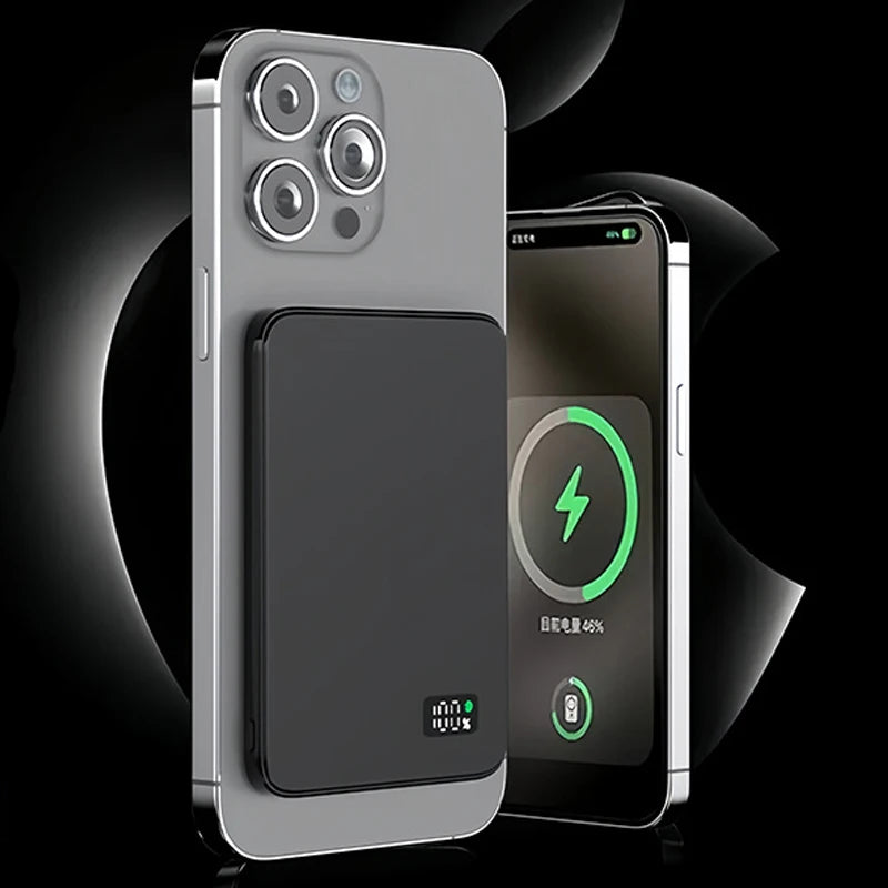Ultra-thin magnetic wireless power bank with LED display for iPhone, Samsung, and AirPods.