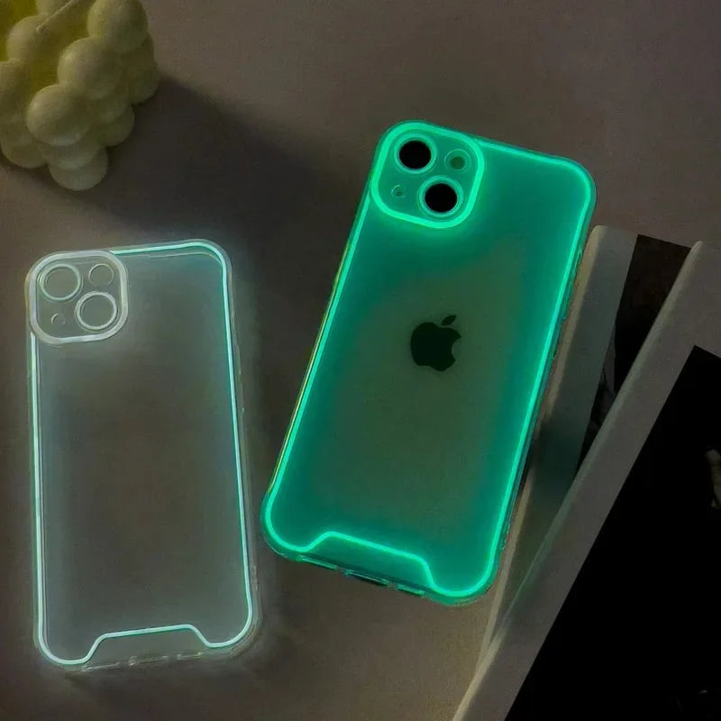 GlowShield luminous clear shockproof silicone phone case for iPhone with transparent glow-in-the-dark design.