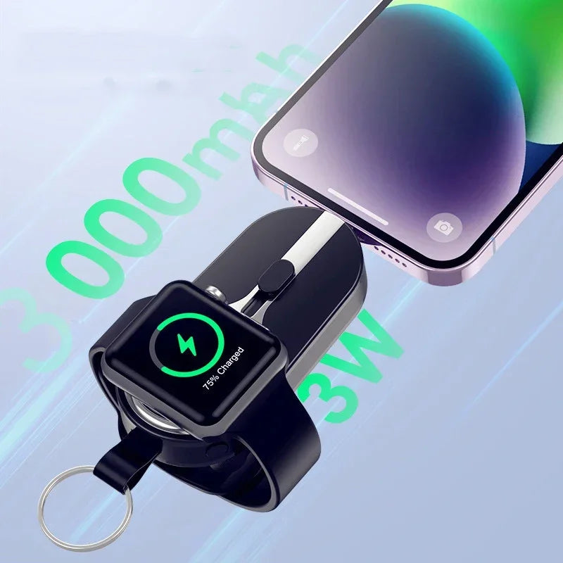 PowerMini 2000mAh keychain power bank with wireless charging for Apple Watch and smartphones.