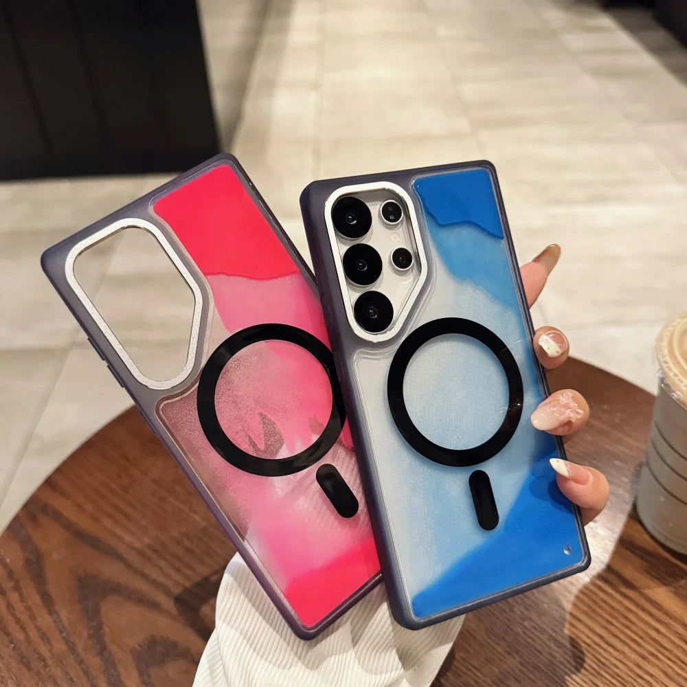 NightGlow magnetic liquid quicksand phone case for Samsung Galaxy with shockproof protection and magnetic charging compatibility.