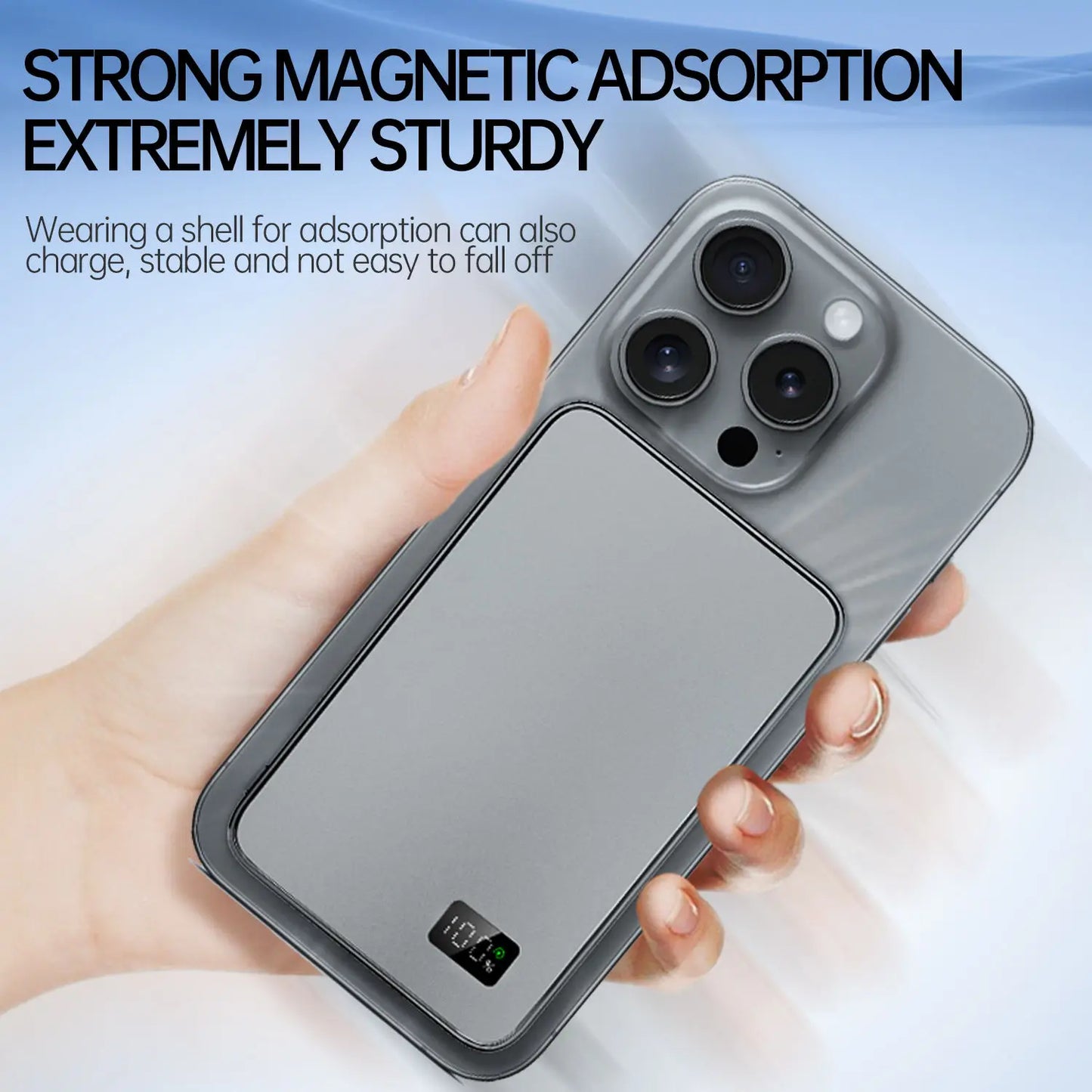 Ultra-thin magnetic wireless power bank with LED display for iPhone, Samsung, and AirPods.