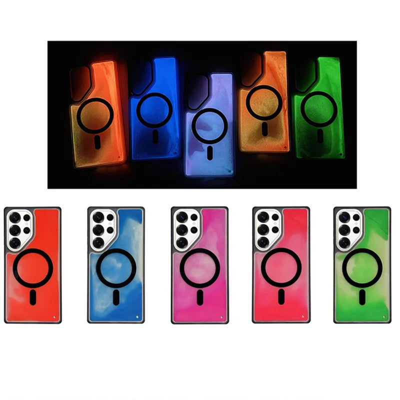 NightGlow magnetic liquid quicksand phone case for Samsung Galaxy with shockproof protection and magnetic charging compatibility.