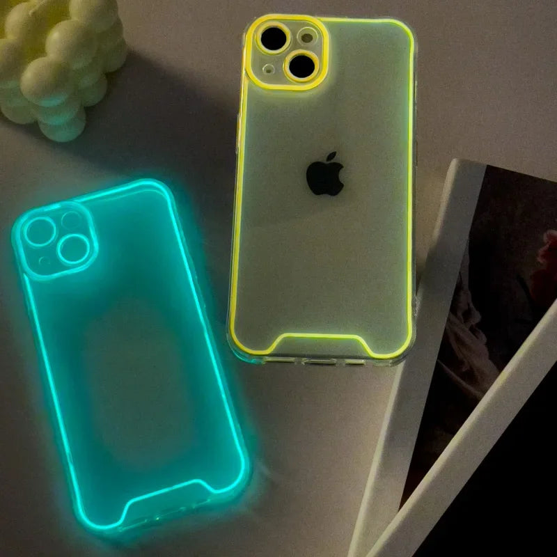 GlowShield luminous clear shockproof silicone phone case for iPhone with transparent glow-in-the-dark design.