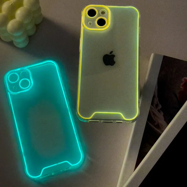 GlowShield luminous clear shockproof silicone phone case for iPhone with transparent glow-in-the-dark design.