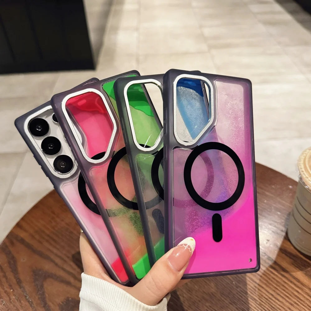 NightGlow magnetic liquid quicksand phone case for Samsung Galaxy with shockproof protection and magnetic charging compatibility.