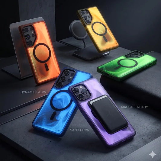 NightGlow magnetic liquid quicksand phone case for Samsung Galaxy with shockproof protection and magnetic charging compatibility.