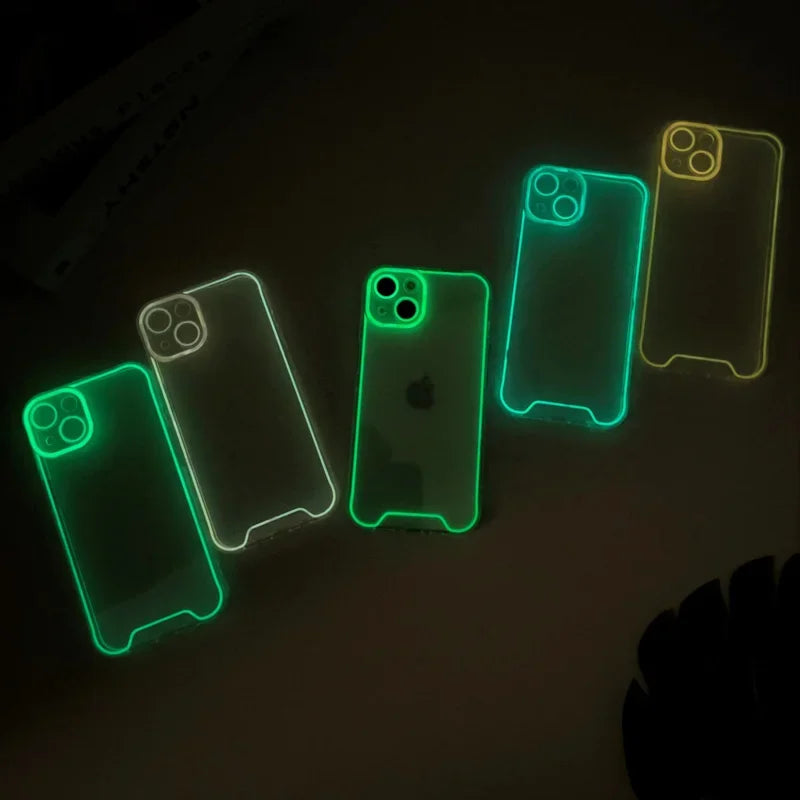 GlowShield luminous clear shockproof silicone phone case for iPhone with transparent glow-in-the-dark design.