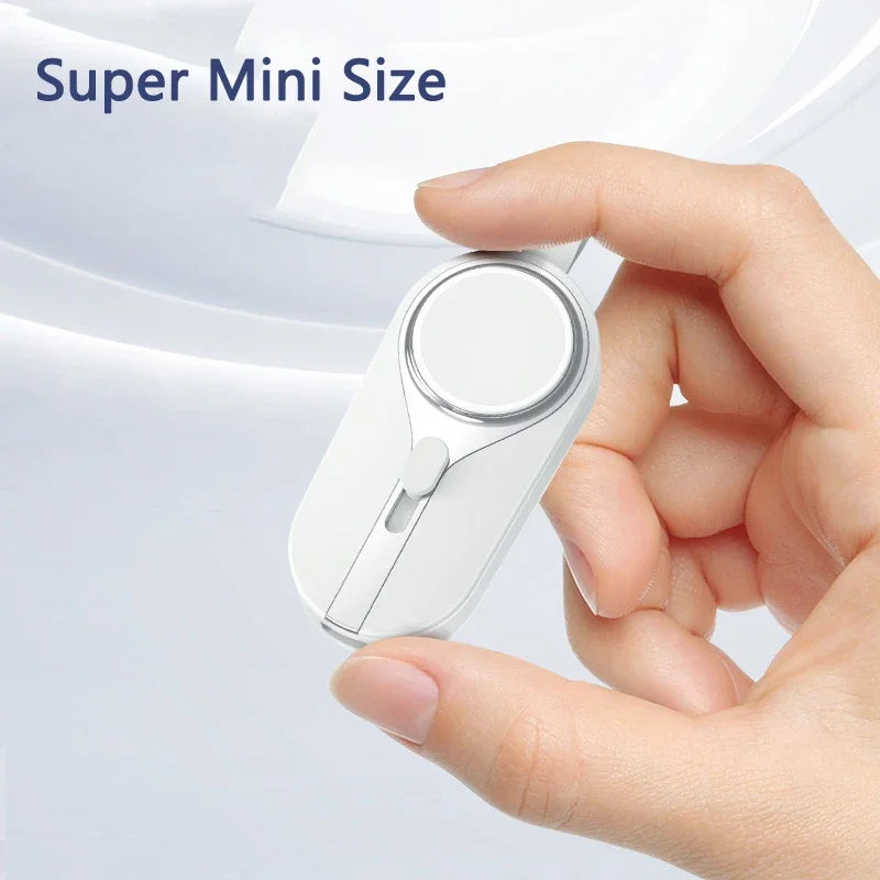 PowerMini 2000mAh keychain power bank with wireless charging for Apple Watch and smartphones.