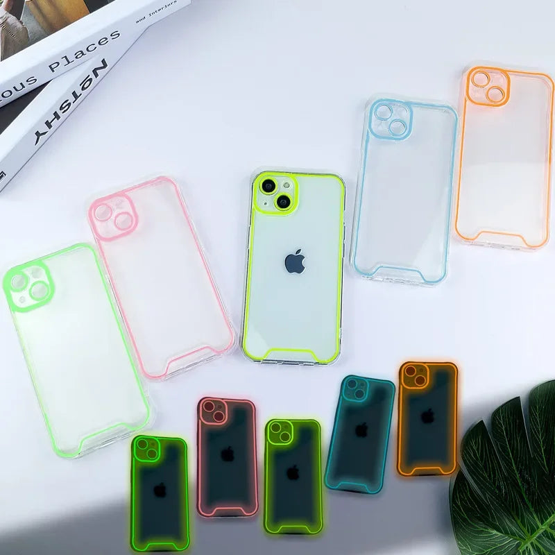 GlowShield luminous clear shockproof silicone phone case for iPhone with transparent glow-in-the-dark design.