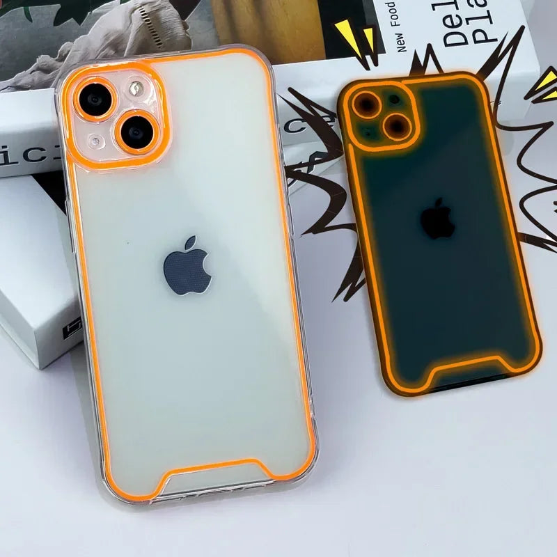 GlowShield luminous clear shockproof silicone phone case for iPhone with transparent glow-in-the-dark design.