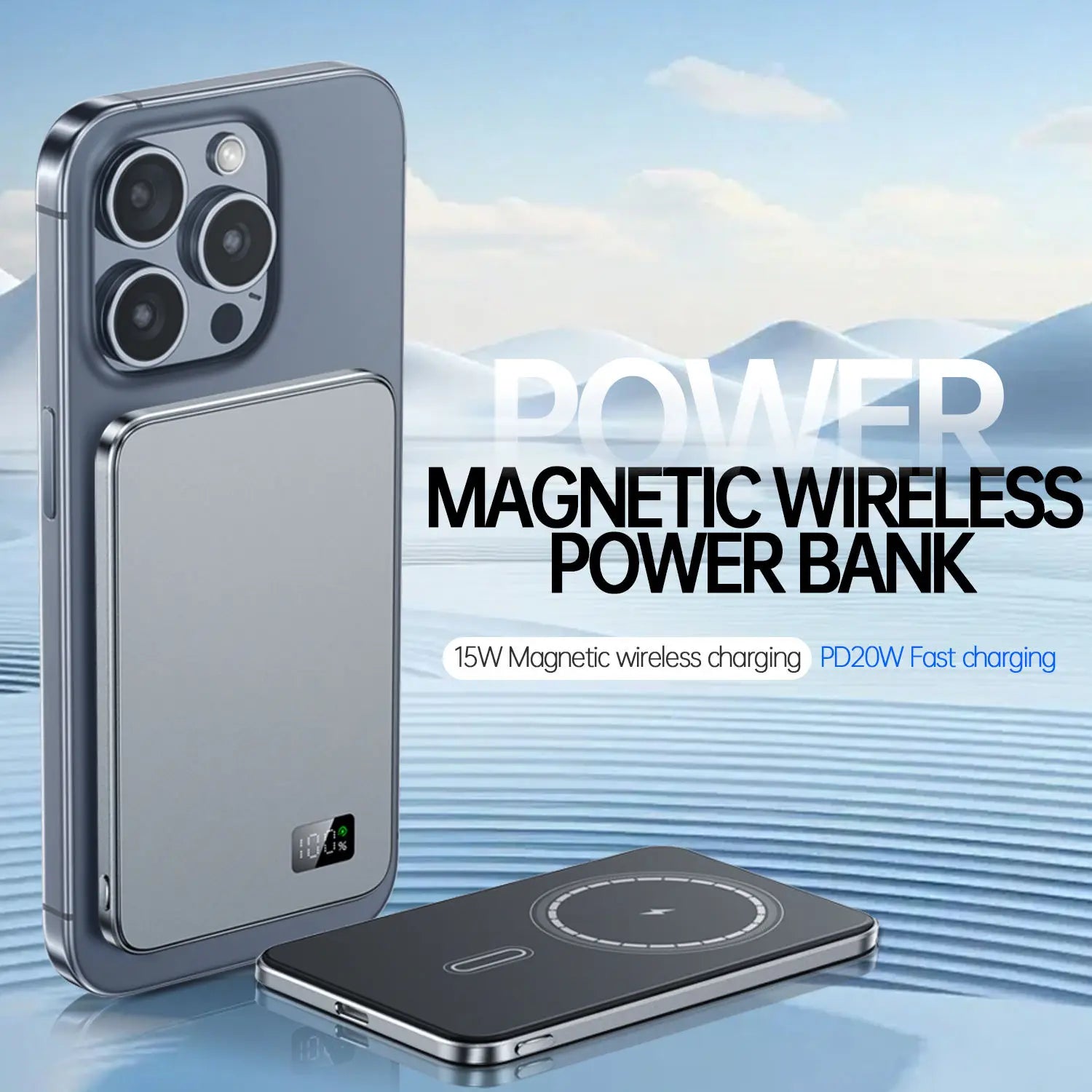 Ultra-thin magnetic wireless power bank with LED display for iPhone, Samsung, and AirPods.