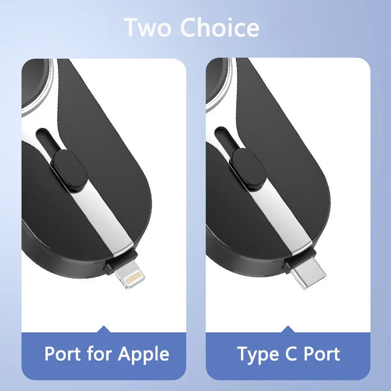 PowerMini 2000mAh keychain power bank with wireless charging for Apple Watch and smartphones.