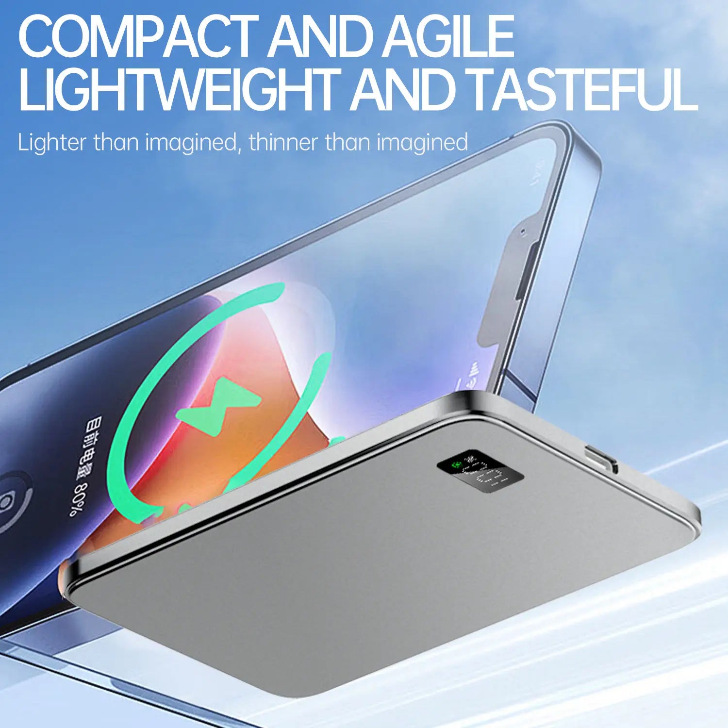 Ultra-thin magnetic wireless power bank with LED display for iPhone, Samsung, and AirPods.