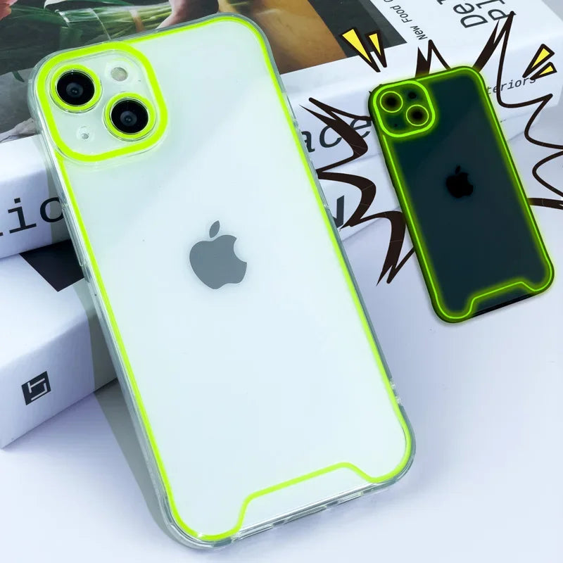 GlowShield luminous clear shockproof silicone phone case for iPhone with transparent glow-in-the-dark design.