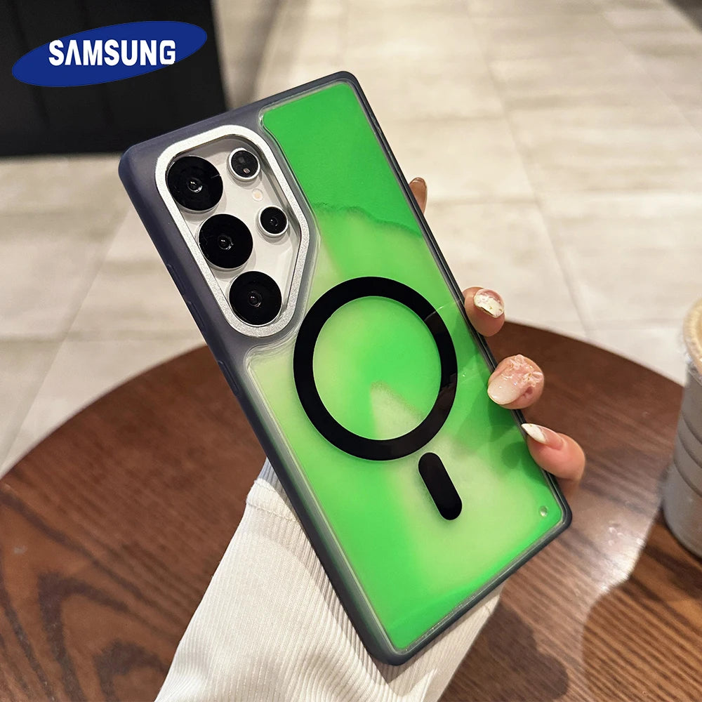NightGlow magnetic liquid quicksand phone case for Samsung Galaxy with shockproof protection and magnetic charging compatibility.
