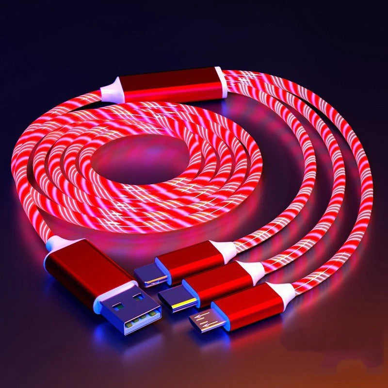 GlowCharge 3-in-1 LED fast charging cable with USB-C, Lightning, and Micro USB connectors.