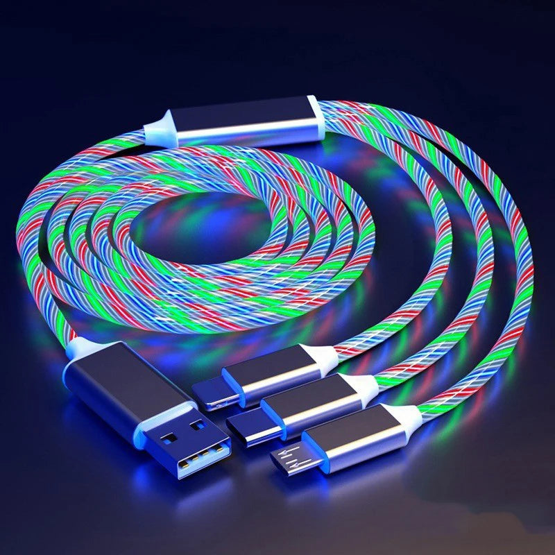 GlowCharge 3-in-1 LED fast charging cable with USB-C, Lightning, and Micro USB connectors.
