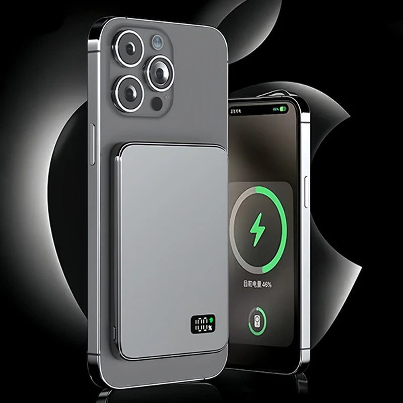 Ultra-thin magnetic wireless power bank with LED display for iPhone, Samsung, and AirPods.
