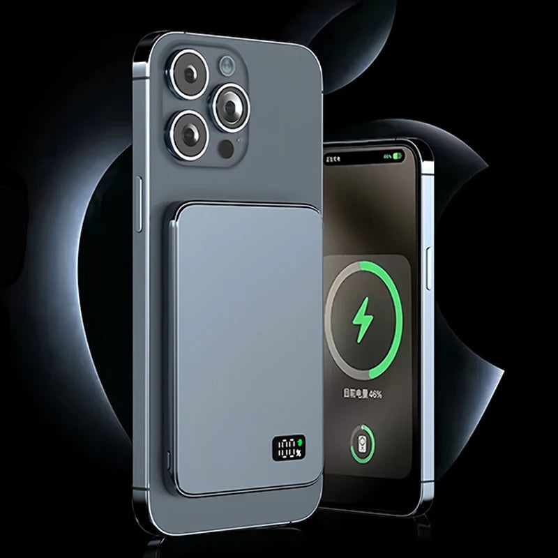 Ultra-thin magnetic wireless power bank with LED display for iPhone, Samsung, and AirPods.