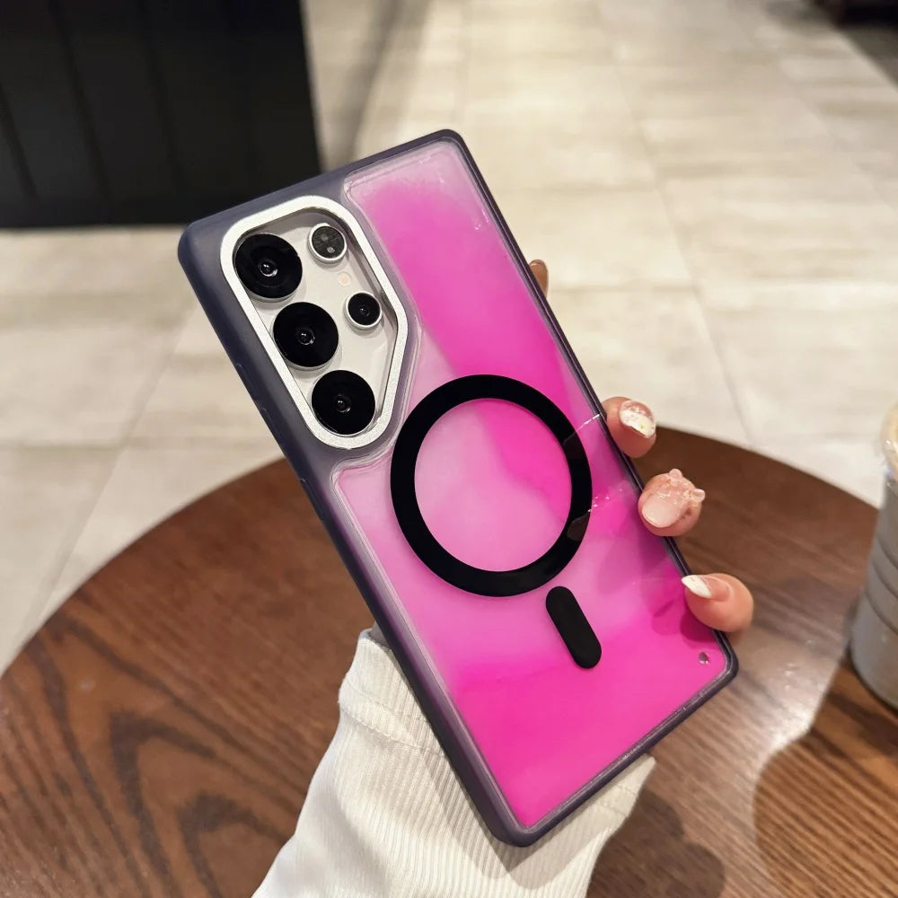 NightGlow magnetic liquid quicksand phone case for Samsung Galaxy with shockproof protection and magnetic charging compatibility.