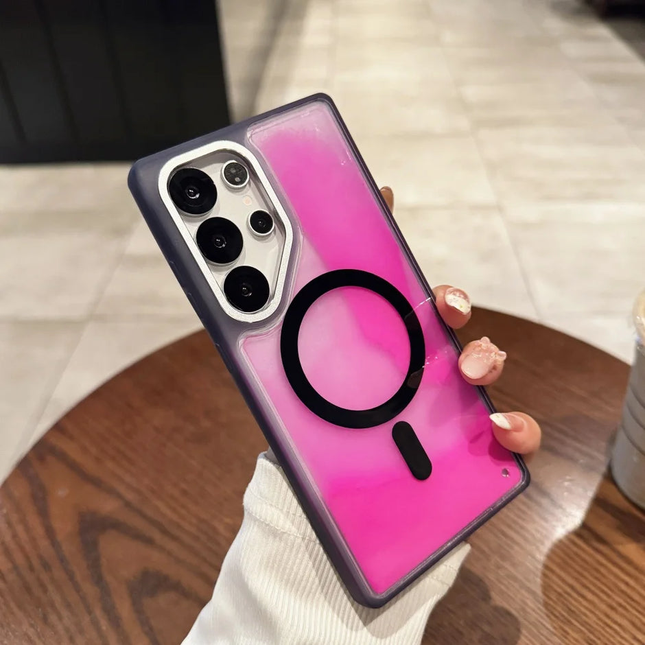NightGlow magnetic liquid quicksand phone case for Samsung Galaxy with shockproof protection and magnetic charging compatibility.