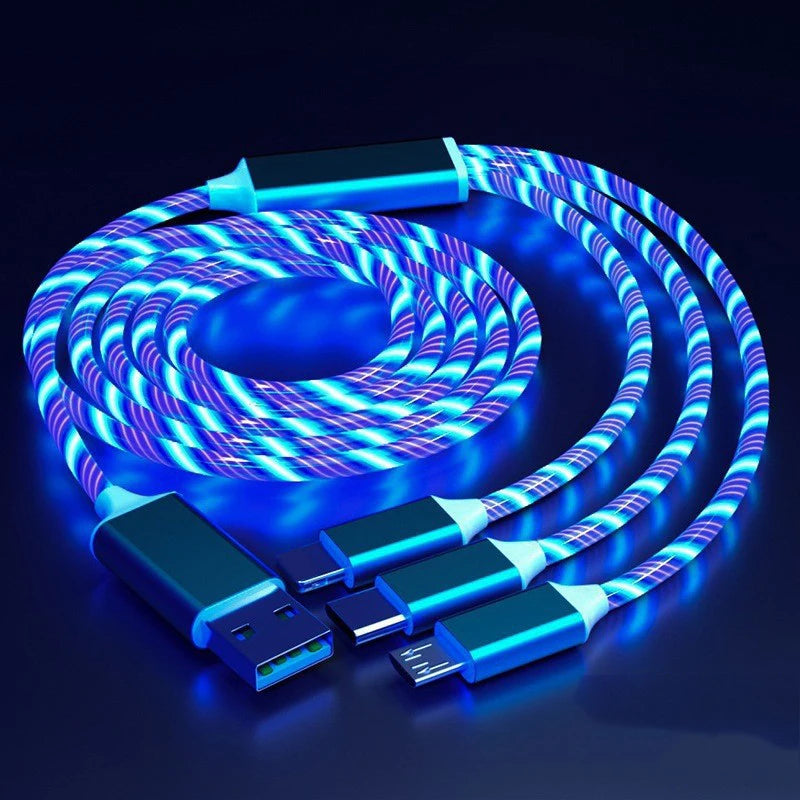 GlowCharge 3-in-1 LED fast charging cable with USB-C, Lightning, and Micro USB connectors.