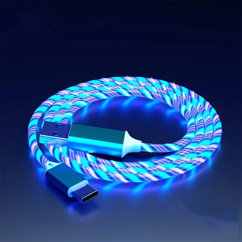GlowCharge 3-in-1 LED fast charging cable with USB-C, Lightning, and Micro USB connectors.