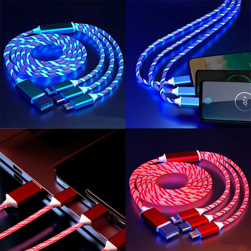 GlowCharge 3-in-1 LED fast charging cable with USB-C, Lightning, and Micro USB connectors.