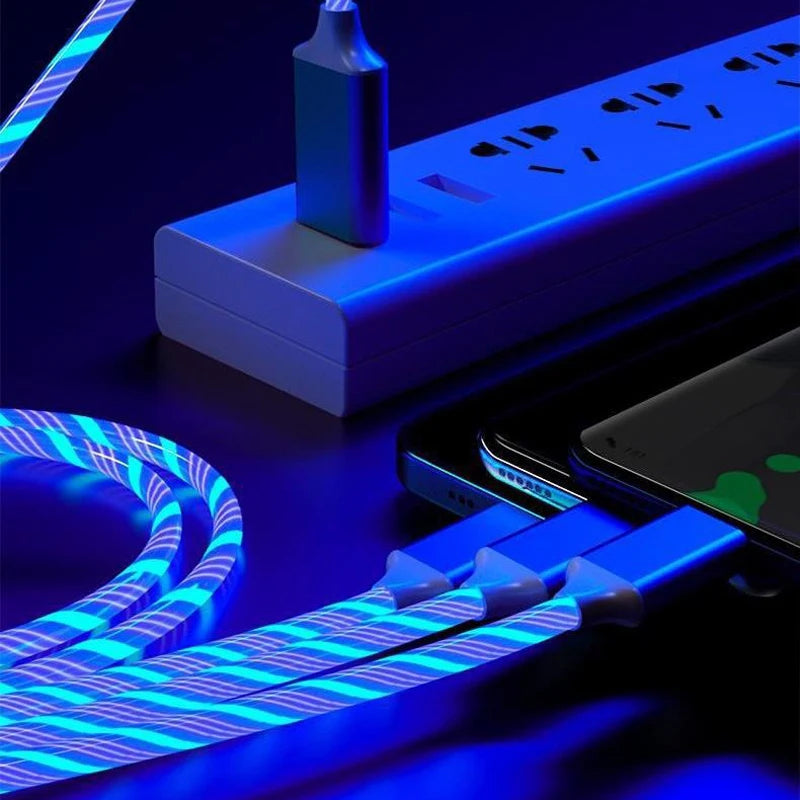 GlowCharge 3-in-1 LED fast charging cable with USB-C, Lightning, and Micro USB connectors.