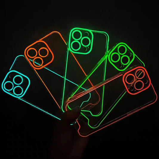 GlowShield luminous clear shockproof silicone phone case for iPhone with transparent glow-in-the-dark design.