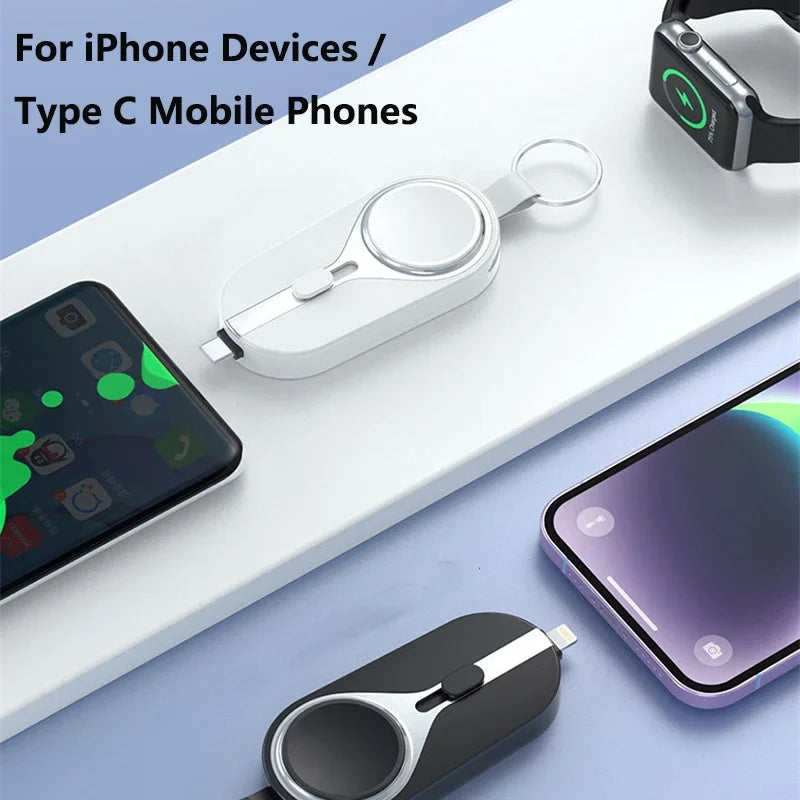 PowerMini 2000mAh keychain power bank with wireless charging for Apple Watch and smartphones.